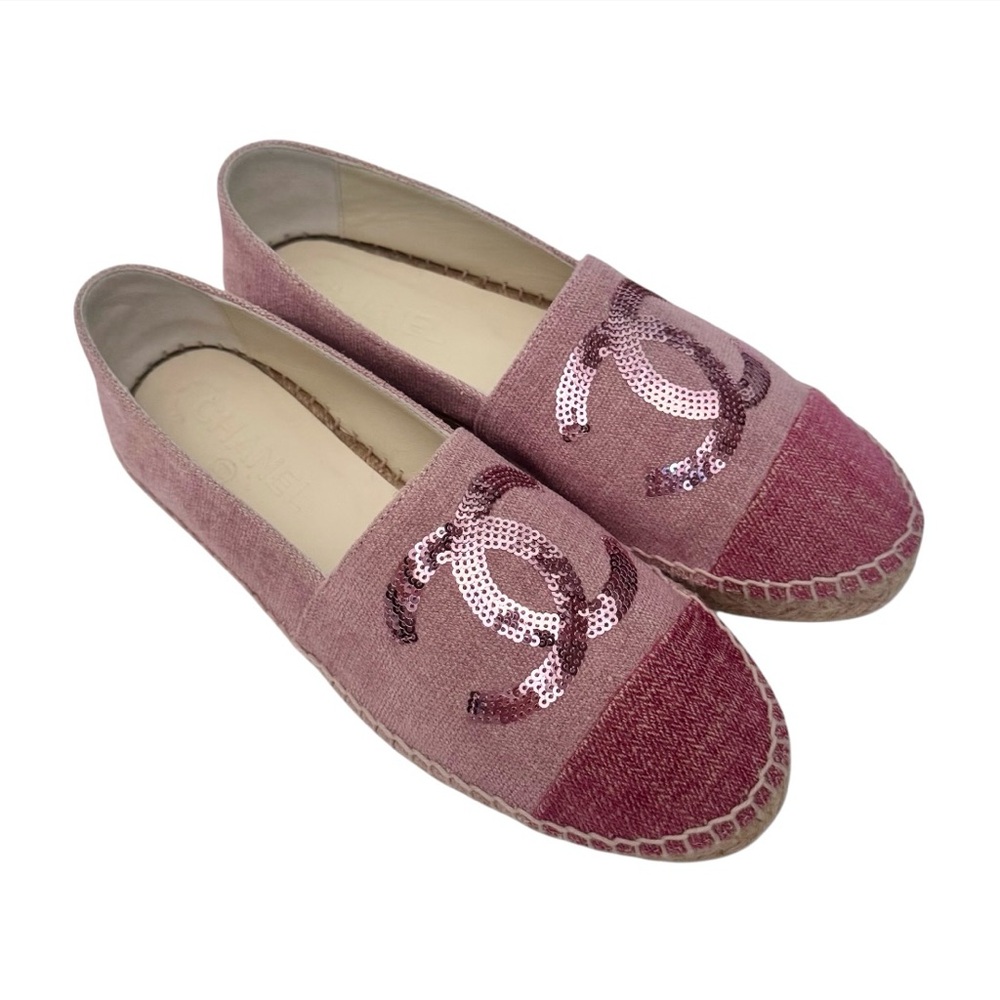 🆕💞CHANEL 2-Tone Pink Canvas & Sequin CC Logo Cap-Toe Espadrilles Flats • EU 37 - Picture 5 of 16